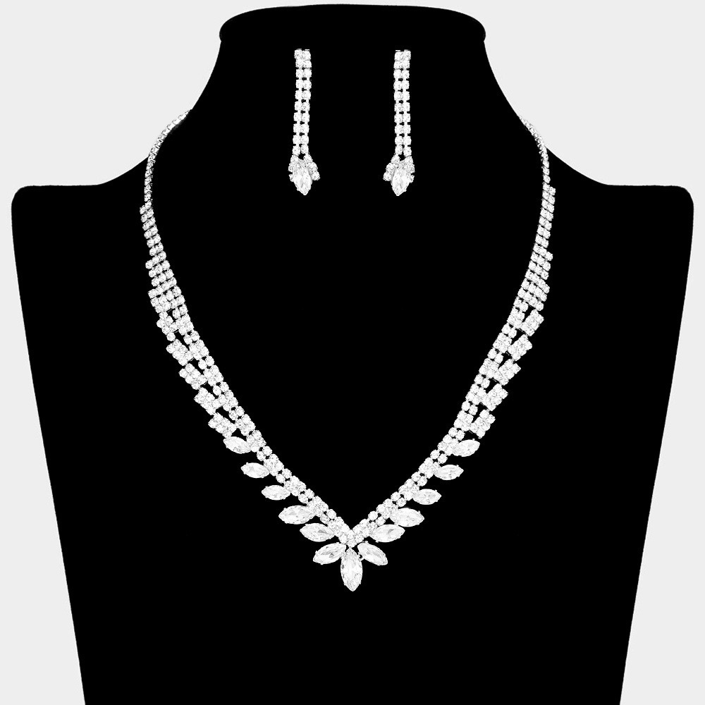 Elegant Marquise Rhinestone Silver Necklace and Earring Set